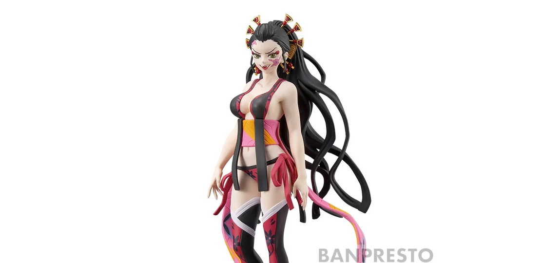 Action figure with long black hair and colorful outfit on a white background, featuring the brand 'BANPRESTO'.